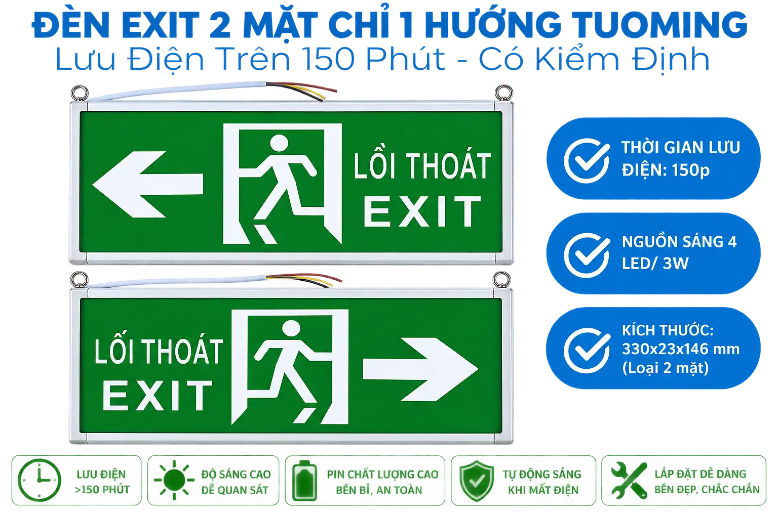 Đèn Exit 2 mặt chỉ 1 hướng - Touming