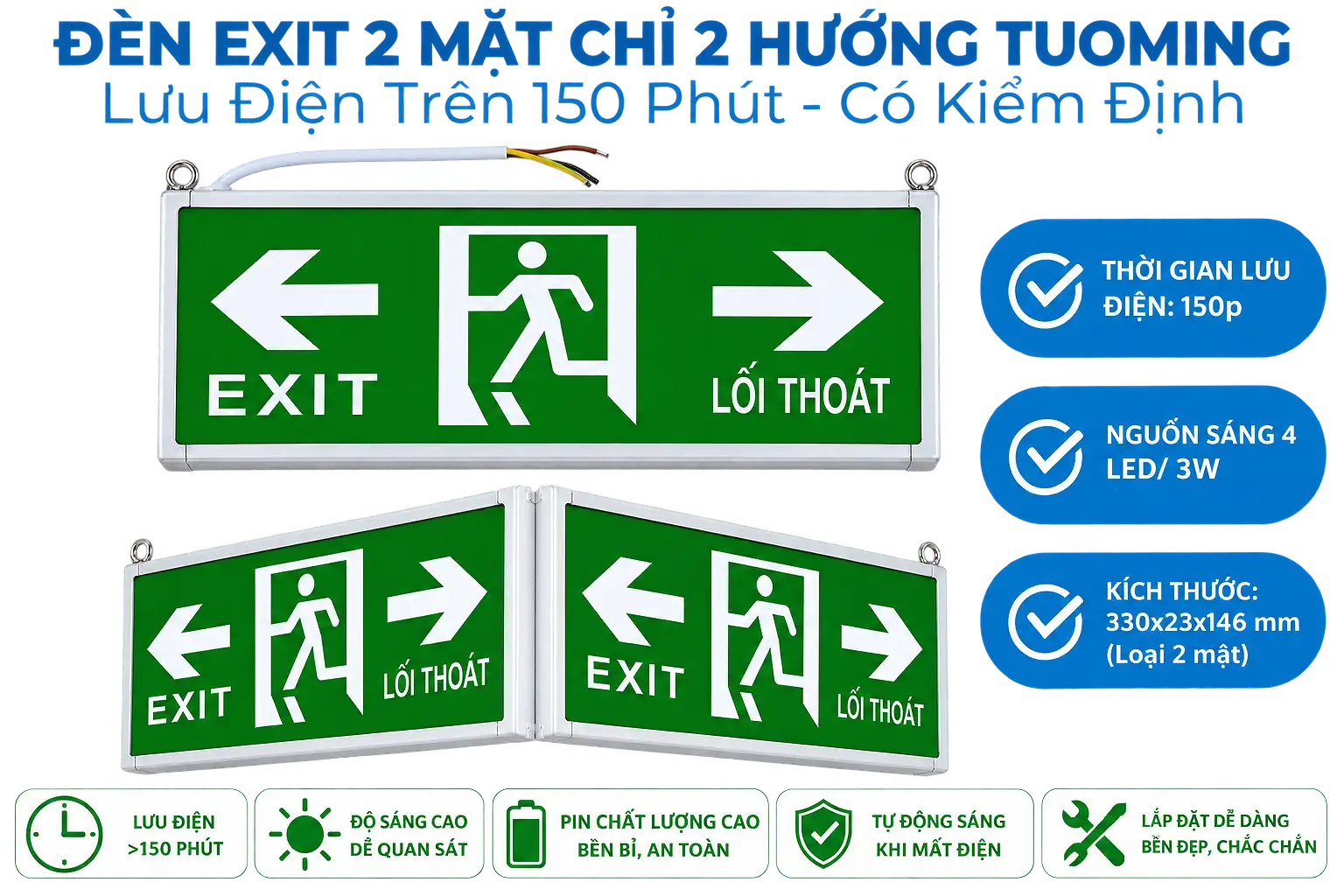 Đèn Exit 2 mặt chỉ 2 hướng - Touming