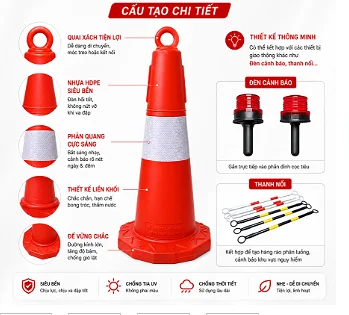 Cọc tiêu nhựa đỏ phản quang trắng 65cm